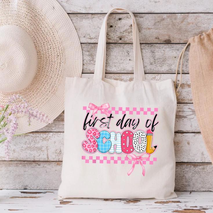 Girl First Day Of School Coquette Bow Pink Back To School Canvas Tote Bag