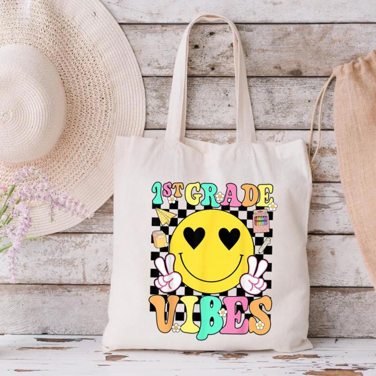 Girls 1st Grade Vibes Smile Face Back To School First Grade Canvas Tote Bag Girls 1st Grade Vibes Smile Face Back To School First Grade Canvas Tote Bag
