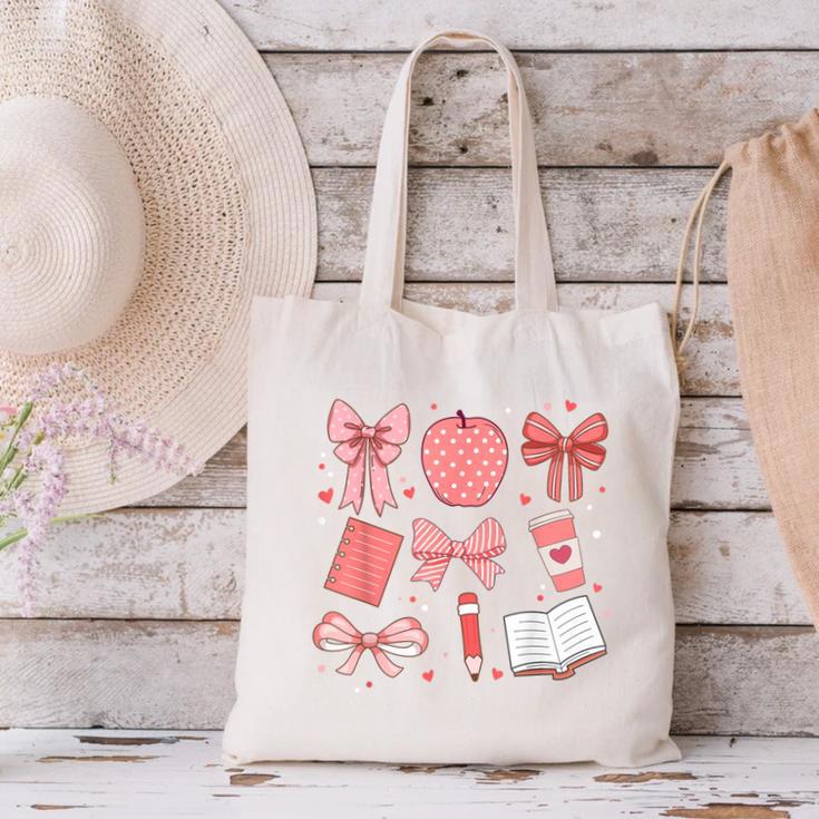 Happy Back To School 1st Day Toddler Girl Boho Coquette Bows Canvas Tote Bag Happy Back To School 1st Day Toddler Girl Boho Coquette Bows Canvas Tote Bag