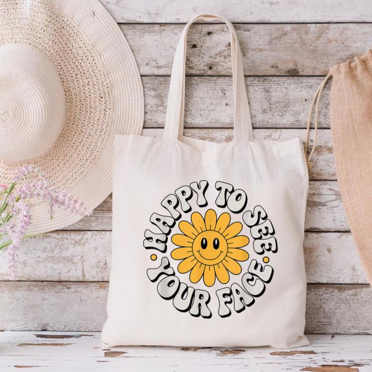 Happy Face Daisy Flower Retro Back To School Cute Graphic Canvas Tote Bag Happy Face Daisy Flower Retro Back To School Cute Graphic Canvas Tote Bag
