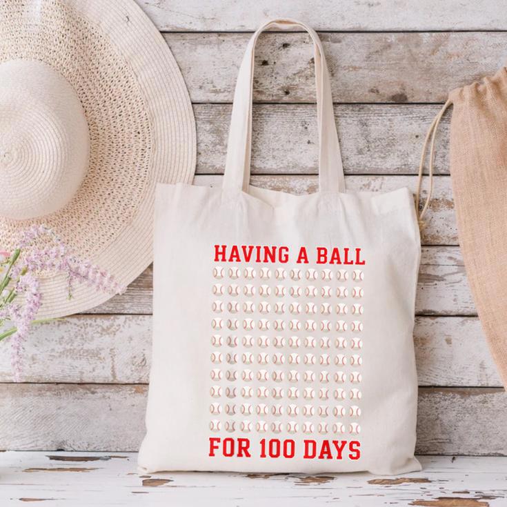 Having A Ball For 100 Days Of School 100th Baseball Canvas Tote Bag Having A Ball For 100 Days Of School 100th Baseball Canvas Tote Bag