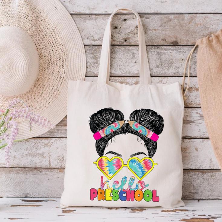 Hello Preschool Messy Bun Tie Dye Back To School Girls Kids Canvas Tote Bag Hello Preschool Messy Bun Tie Dye Back To School Girls Kids Canvas Tote Bag