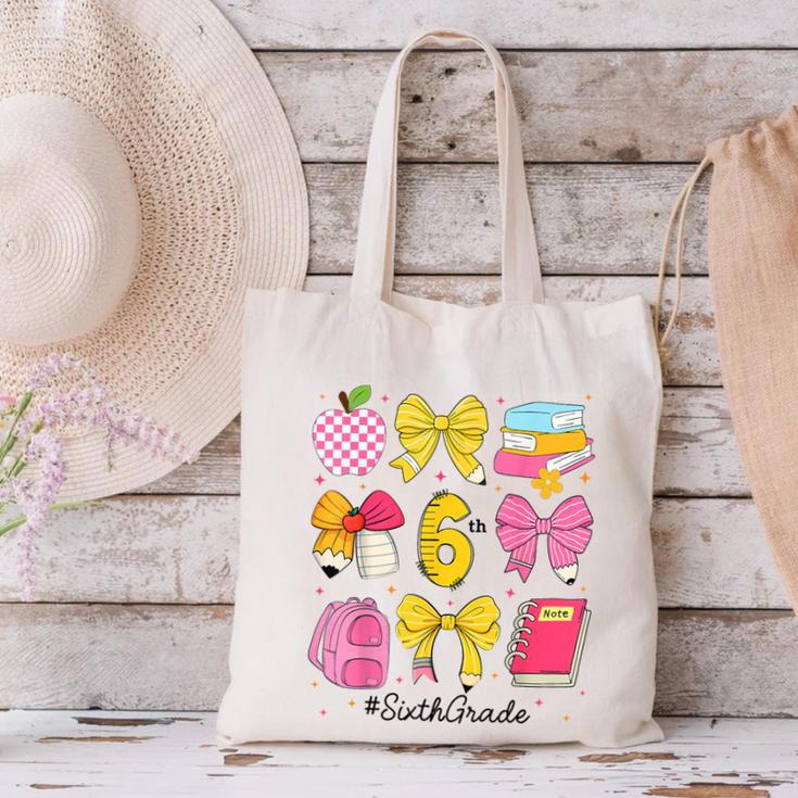 Hello Sixth 6th Grade Back To School Coquette Bow Girls Canvas Tote Bag Hello Sixth 6th Grade Back To School Coquette Bow Girls Canvas Tote Bag