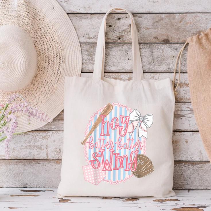 Hey Batter Batter Swing Baseball Game Day Coquette Bow Girly Canvas Tote Bag