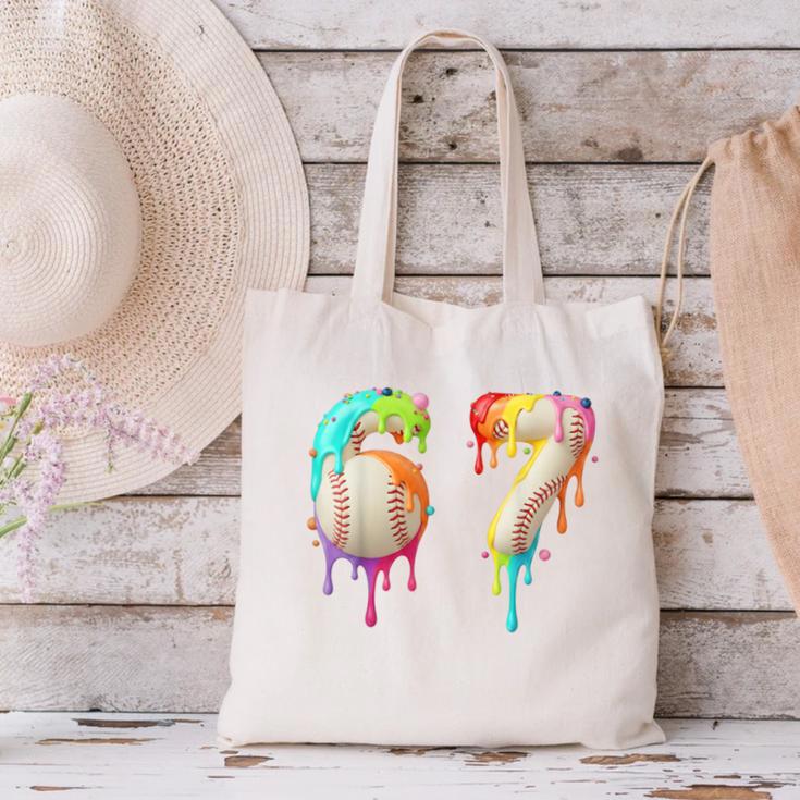 Kids Meme 67 Number Six 6 Seven 7 Ice Cream Drips Baseball Canvas Tote Bag