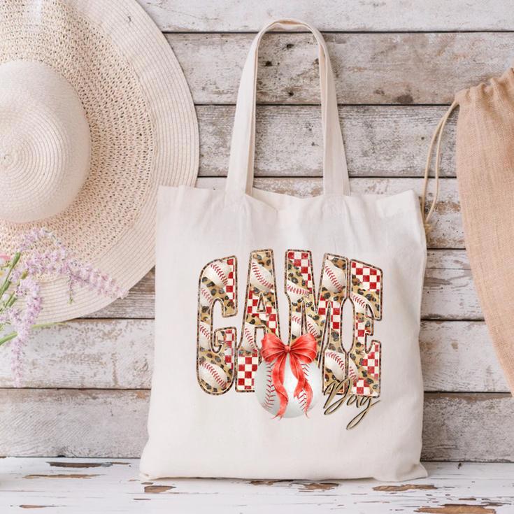 Leopard Checkered Game Day Baseball Coquette Bow Women Girls Canvas Tote Bag