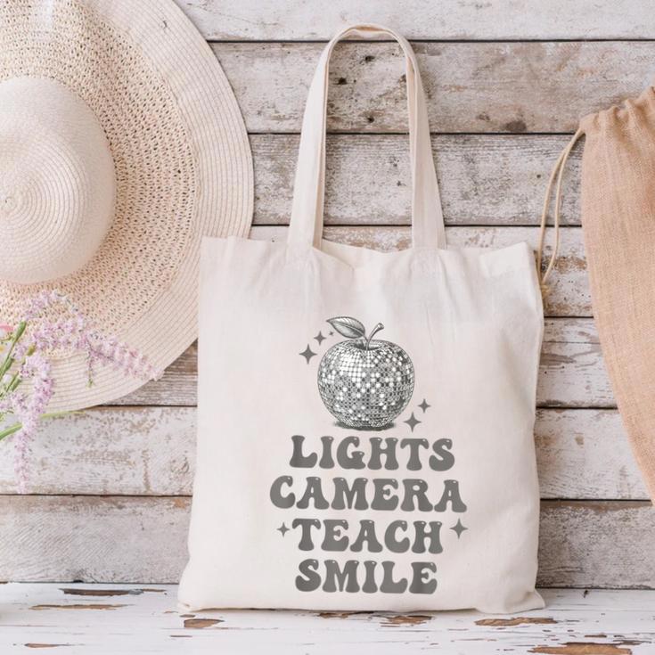 Lights Camera Teach Smile Disco-Ball Back To School Outfit Canvas Tote Bag Lights Camera Teach Smile Disco-Ball Back To School Outfit Canvas Tote Bag