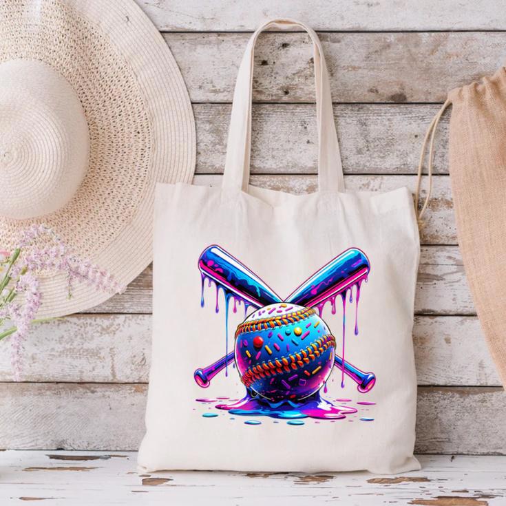Neon Dripping Baseball And Bats Colorful Sports Art Canvas Tote Bag