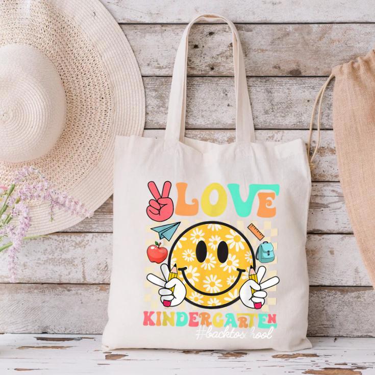 Peace Love Kindergarten Smile Face Back To School Girls Kids Canvas Tote Bag