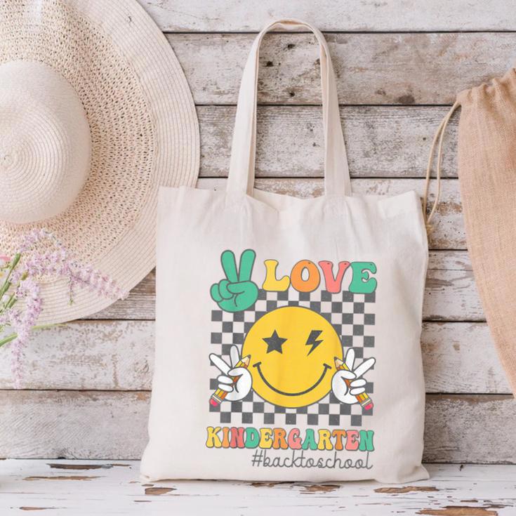 Peace Love Kindergarten Smile Face Hippie Back To School Canvas Tote Bag Peace Love Kindergarten Smile Face Hippie Back To School Canvas Tote Bag