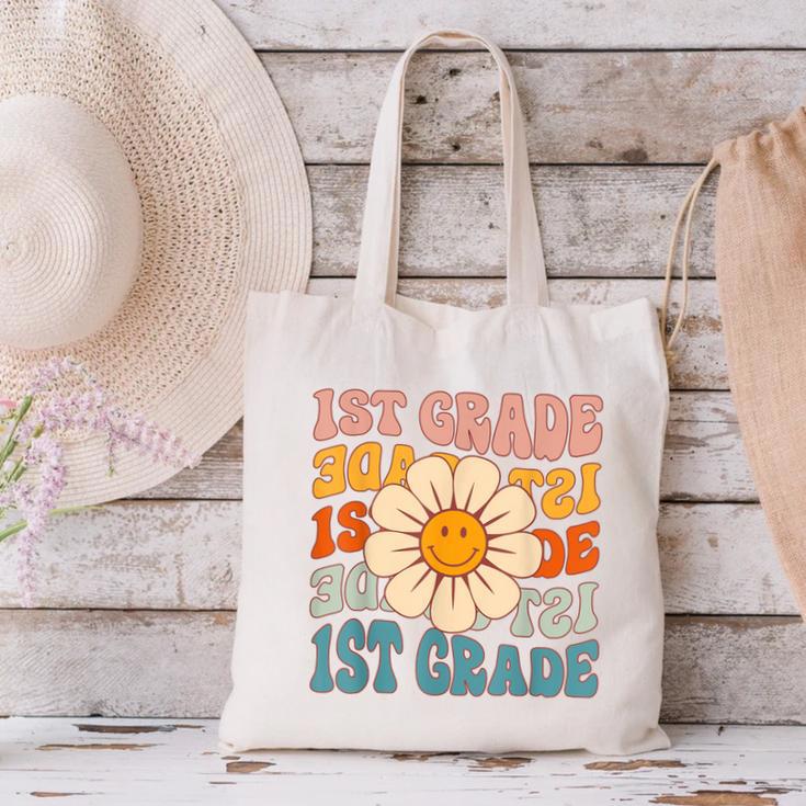 Retro 1st Grade Daisy Colorful Back To School First Grade Canvas Tote Bag Retro 1st Grade Daisy Colorful Back To School First Grade Canvas Tote Bag