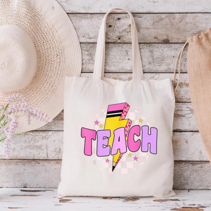 Retro Checkered Teach Pencil Lightning Back To School Canvas Tote Bag