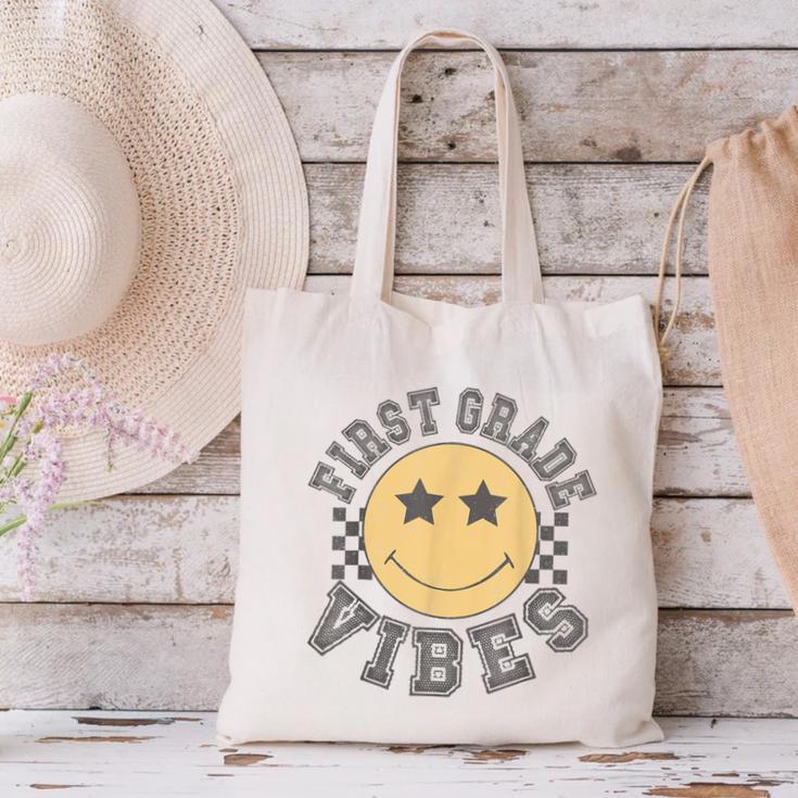 Retro First Grade Vibes Smile Face Back To School 1st Grade Canvas Tote Bag Retro First Grade Vibes Smile Face Back To School 1st Grade Canvas Tote Bag