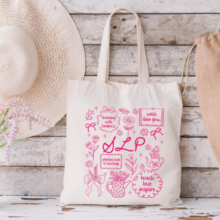 SLP Love Inspire Teach Pink Bow Back To School Canvas Tote Bag SLP Love Inspire Teach Pink Bow Back To School Canvas Tote Bag