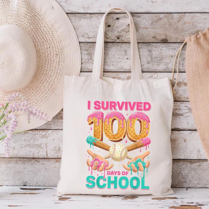 I Survived 100 Days Of School Baseball Ice Cream Drip Canvas Tote Bag