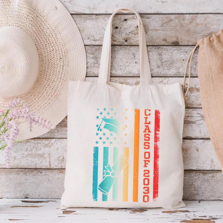 Vintage Class Of 2030 Graduation Back To School USA Flag Canvas Tote Bag