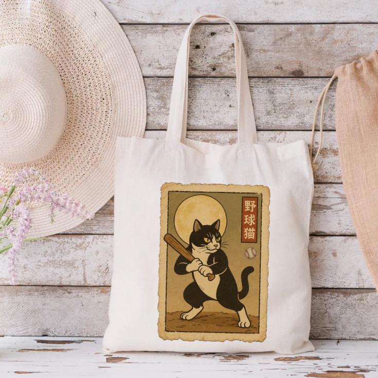 Vintage Japanese Ukiyo-e Baseball Cat Batting Canvas Tote Bag