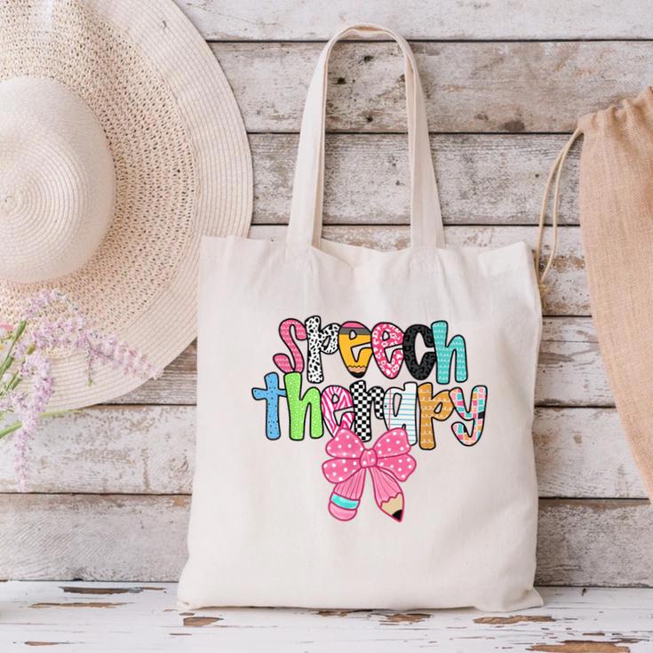 Women Speech Therapy Coquette Bow Pencil Back To School SLP Canvas Tote Bag