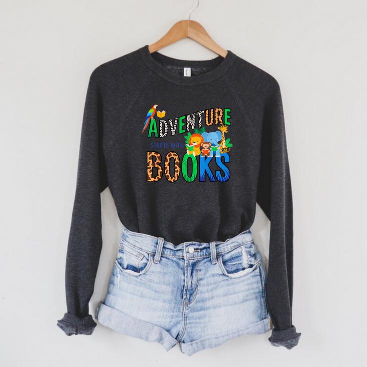 Adventure Starts With Books Jungle Animals Kids Reading Them Raglan Sleeve Sweatshirt