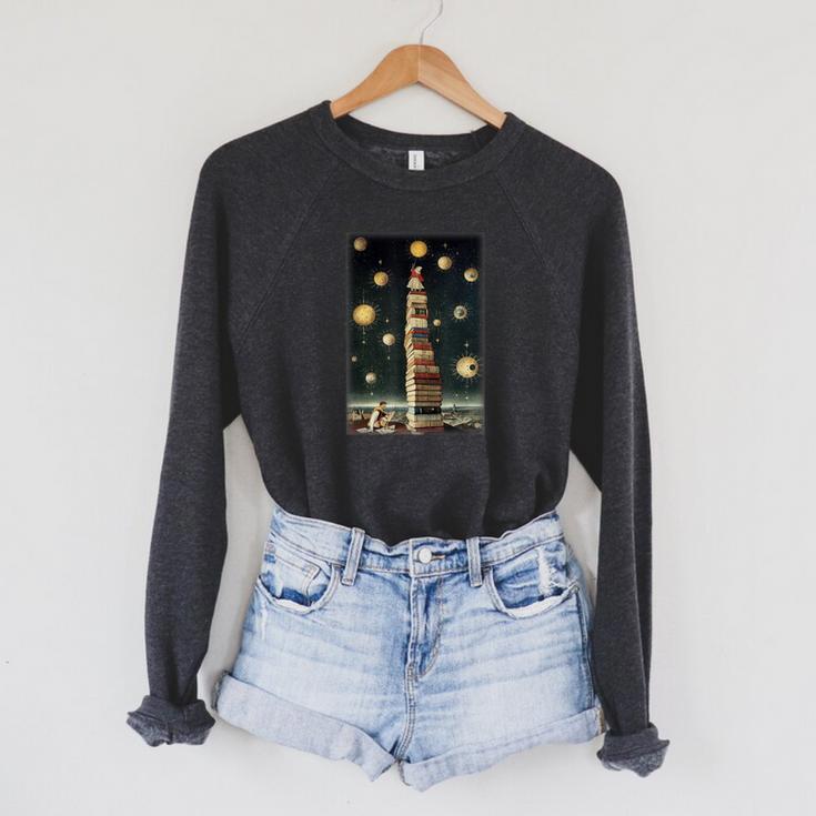 Astrologist Sitting On The Tower Of Stacked Up Books Starry Raglan Sleeve Sweatshirt