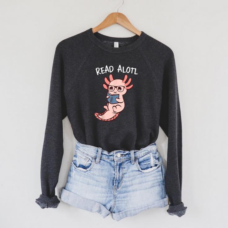 Axolotl Reading a Book Read Alotl Books Axolotl Book Raglan Sleeve Sweatshirt