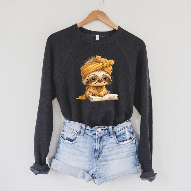 Baby Sloth Open Book Reading Animal Lover Graphic Portrait Raglan Sleeve Sweatshirt