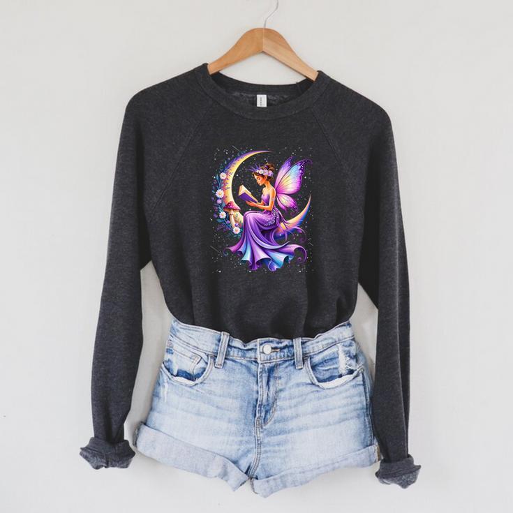 Beautiful Book Fairy Reading Crescent Moon Gothic Bookish Raglan Sleeve Sweatshirt