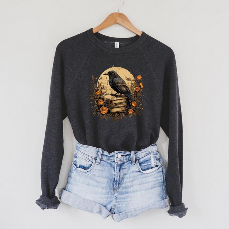 Book Lover Ideas Raven Reading Book Occult Crow Raglan Sleeve Sweatshirt