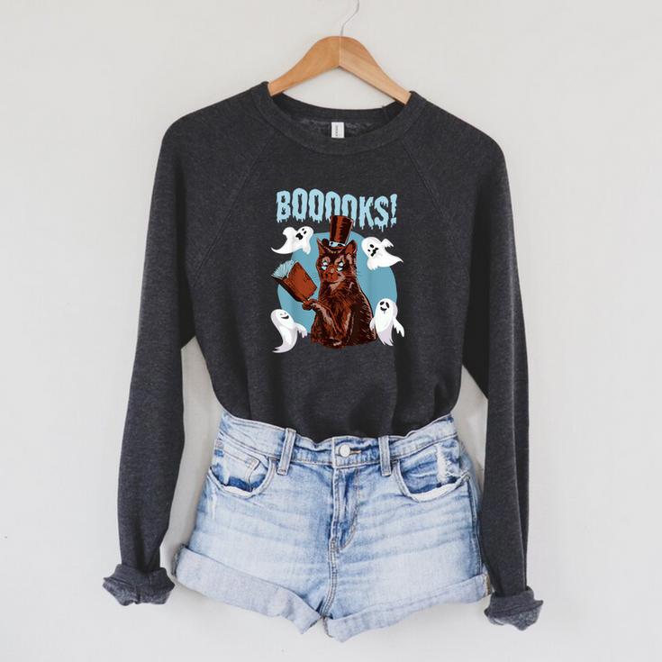 Booooks Cat Reading Book Ghosts Halloween Librarian Teacher For Men Women Kids Raglan Sleeve Sweatshirt