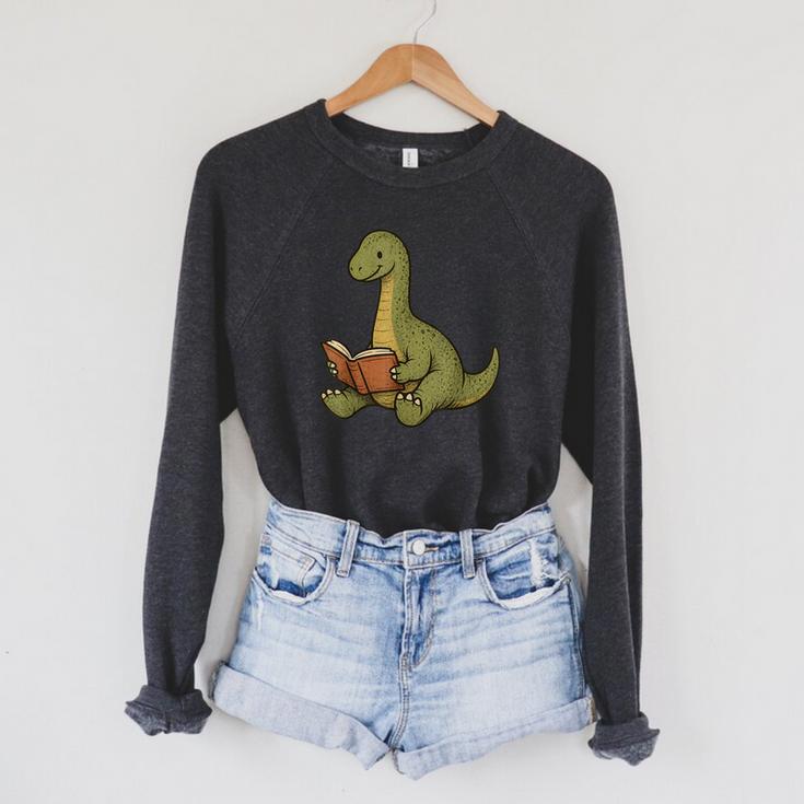 Brachiosaurus Dinosaur Reading Book Nerd Raglan Sleeve Sweatshirt