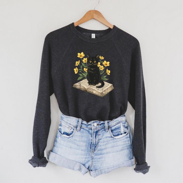 Cat On Book Flowers Cute Kitten Kitty Women Girls Kids Raglan Sleeve Sweatshirt