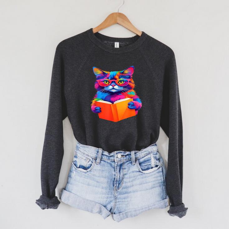 Cat Book Shirt Colorful Cat Reading Book Raglan Sleeve Sweatshirt