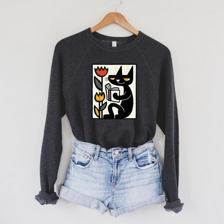 Cat Reading Book Folk Art Cozy Illustration Raglan Sleeve Sweatshirt