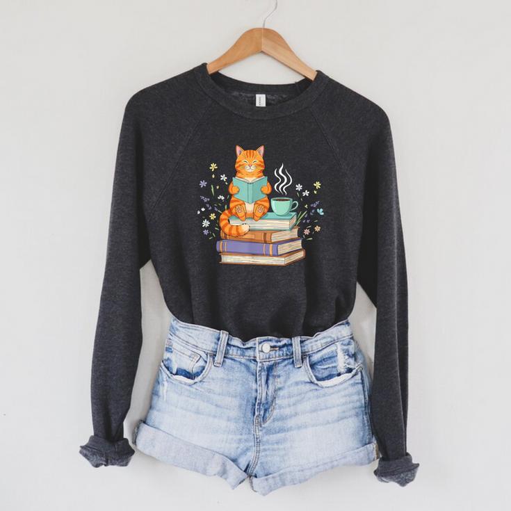 Cat Reading Book Lover Coffee Books Teacher Librarian Cat Raglan Sleeve Sweatshirt