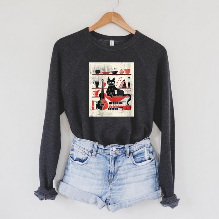 Cats Music Books Lover Essentials Red Retro Silkscreen Raglan Sleeve Sweatshirt