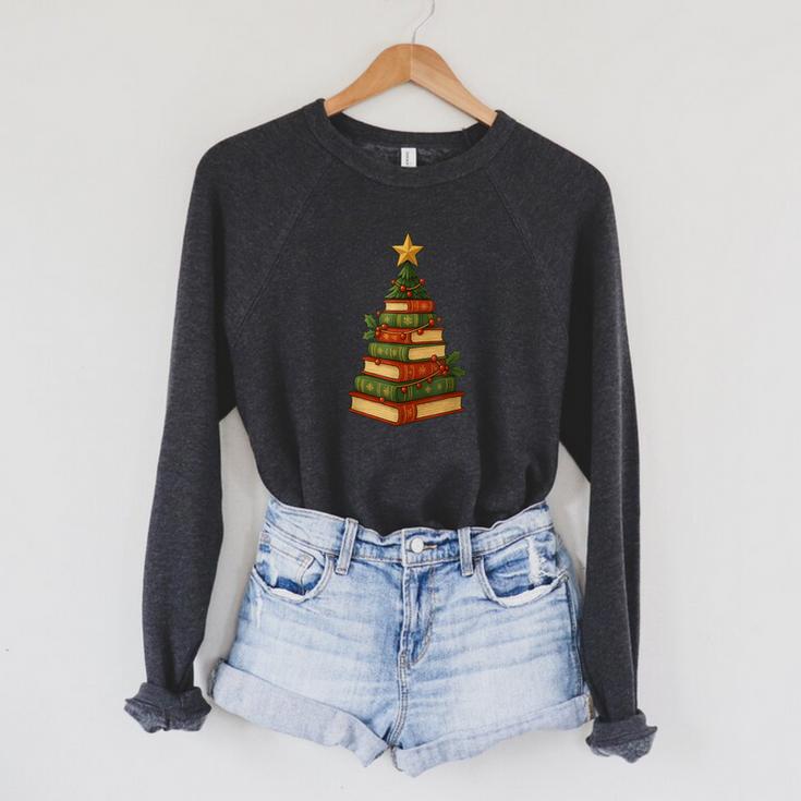 Christmas Book Tree Bookshelf Holiday For Readers Librarians Raglan Sleeve Sweatshirt