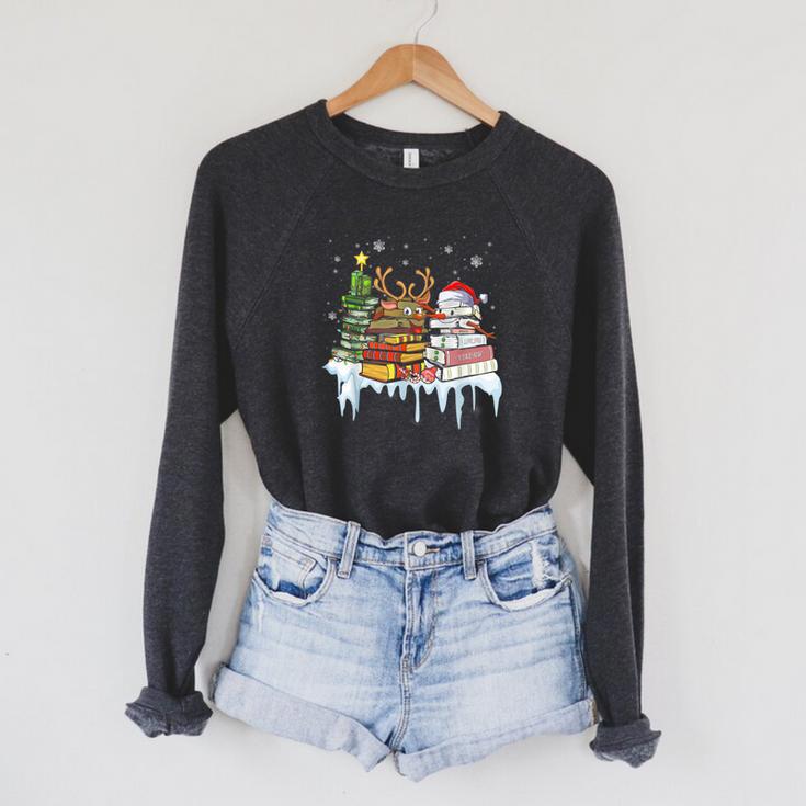 Christmas Tree Snowman Reindeer Book Stack Librarian Raglan Sleeve Sweatshirt