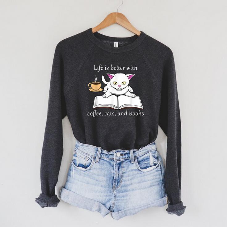 Cute Cat Book Reading Coffee Raglan Sleeve Sweatshirt