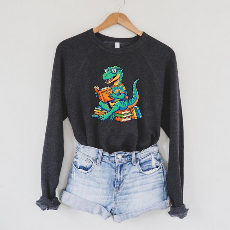 Cute Dinosaur Tales T Rex Reading Books Lover Raglan Sleeve Sweatshirt