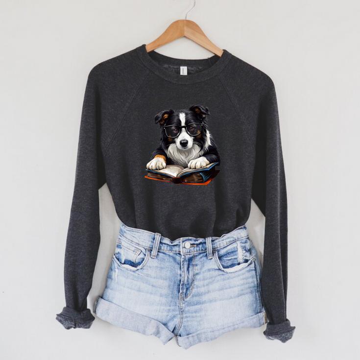 Cute Dog Border Collie Reading Book Raglan Sleeve Sweatshirt