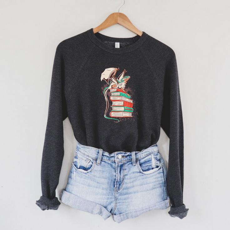 Cute Dragon Reading Cat Books Dragon Raglan Sleeve Sweatshirt