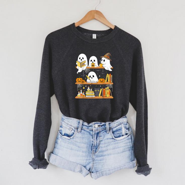 Cute Halloween Ghost Bookshelf Cat Book Lover Raglan Sleeve Sweatshirt