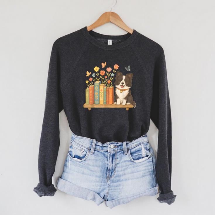 Cute Kawaii Border Collie Dog Books Flowers Raglan Sleeve Sweatshirt