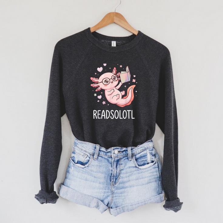 Cute Kawaii Readsolotl Axolotl Reading Book Pun Raglan Sleeve Sweatshirt