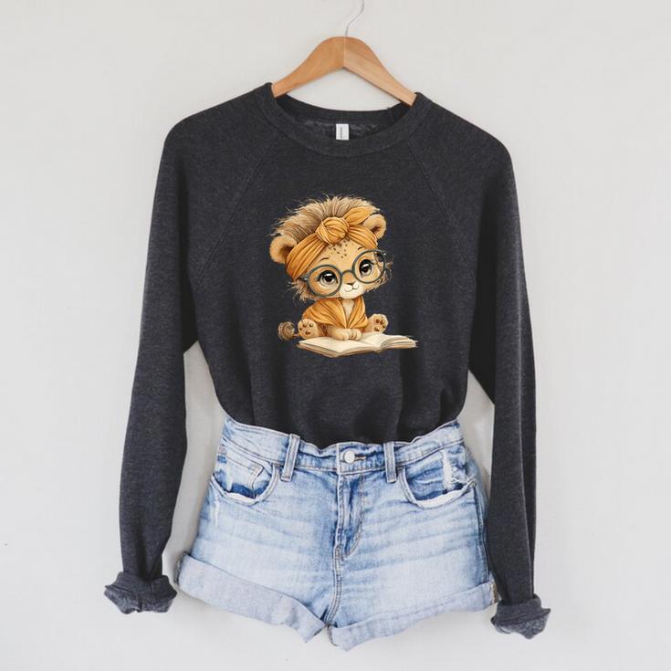Cute Lion Cub Reading Book With Headwrap Raglan Sleeve Sweatshirt