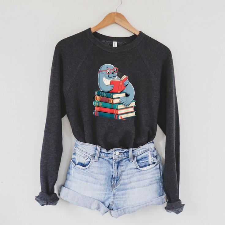 Cute Reading Seal On Books Book Lover Raglan Sleeve Sweatshirt