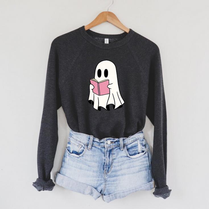 Cute Retro Reading Book Library Ghost Costume Raglan Sleeve Sweatshirt