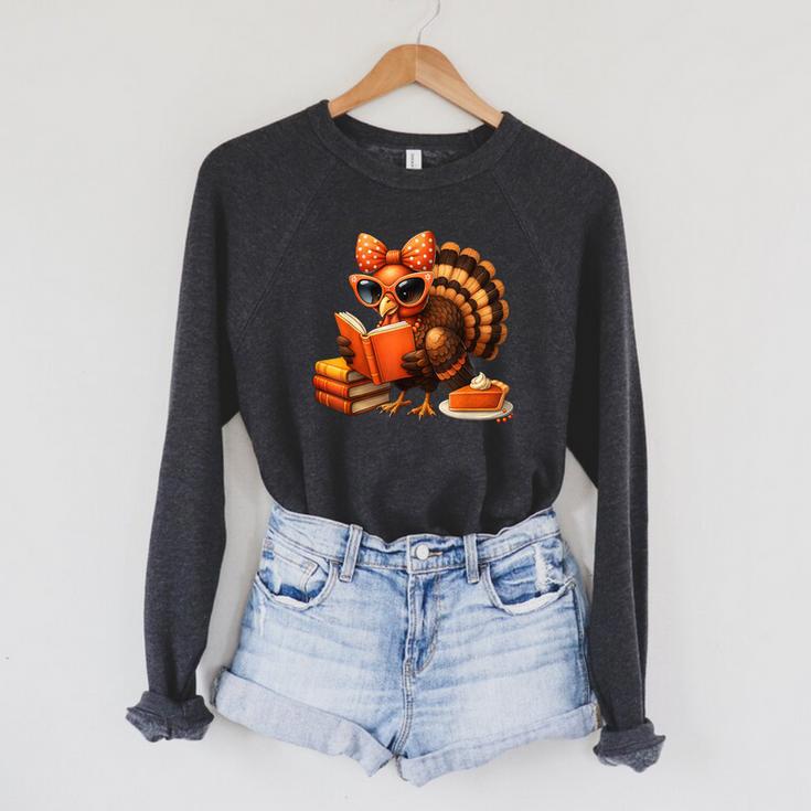 Cute Turkey Reading Book Lovers Bow Thanksgiving Raglan Sleeve Sweatshirt