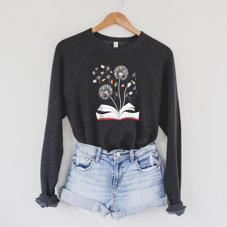 Dandelion Floral Book Reading Lovers Graphics Raglan Sleeve Sweatshirt