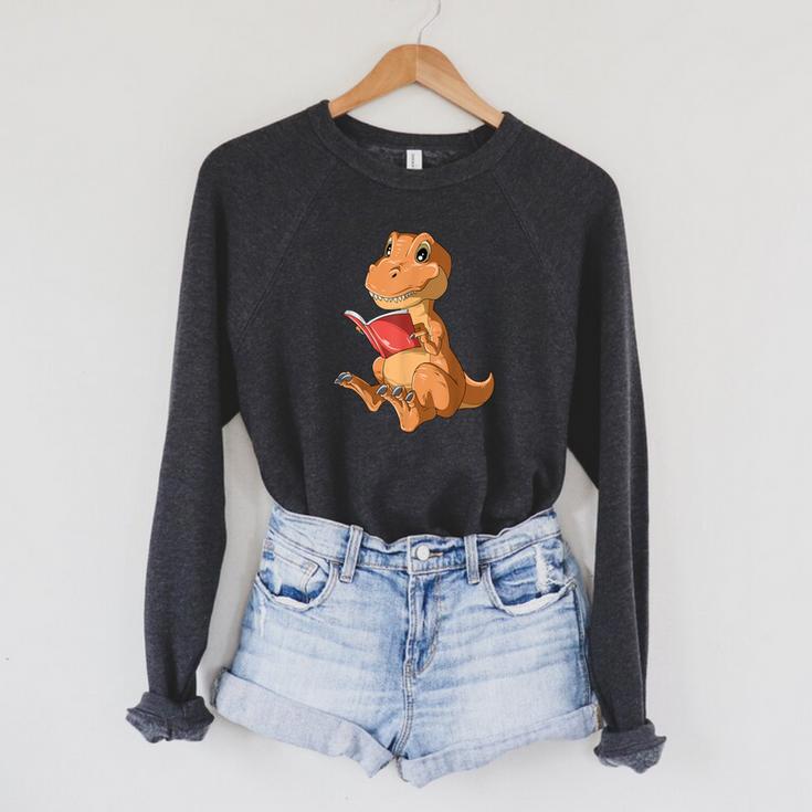 Dinosaur Reading Book Dino Reading Book Lovers Book Readers Raglan Sleeve Sweatshirt